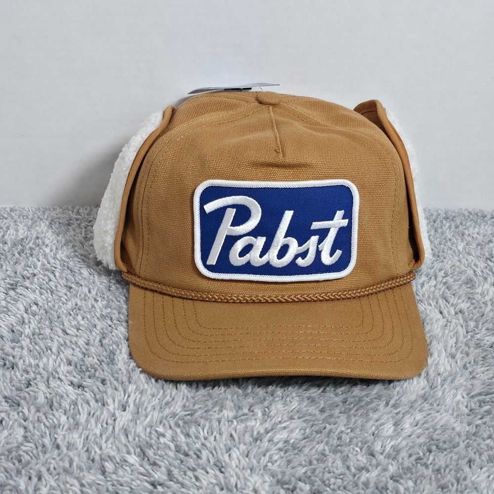Pabst Blue Ribbon Beer Patch Trapper Snapback Hat Cap Tan by Mad Engine PBR NEW